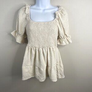 Shein Womens Milkmaid Smocked Boho Top Medium Ivory Puff Sleeve Cottagecore